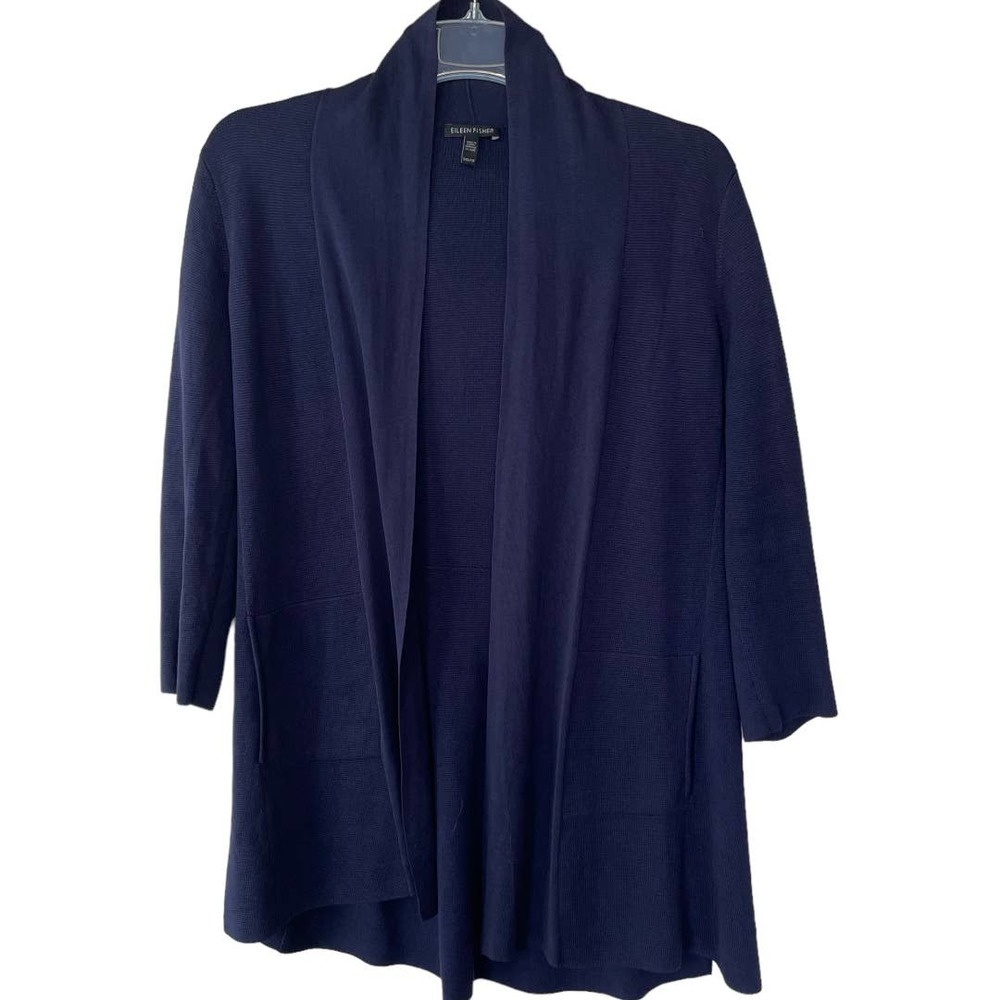 Eileen Fisher SILK LINEN Blend Navy Blue long open cardigan Size XXS/P